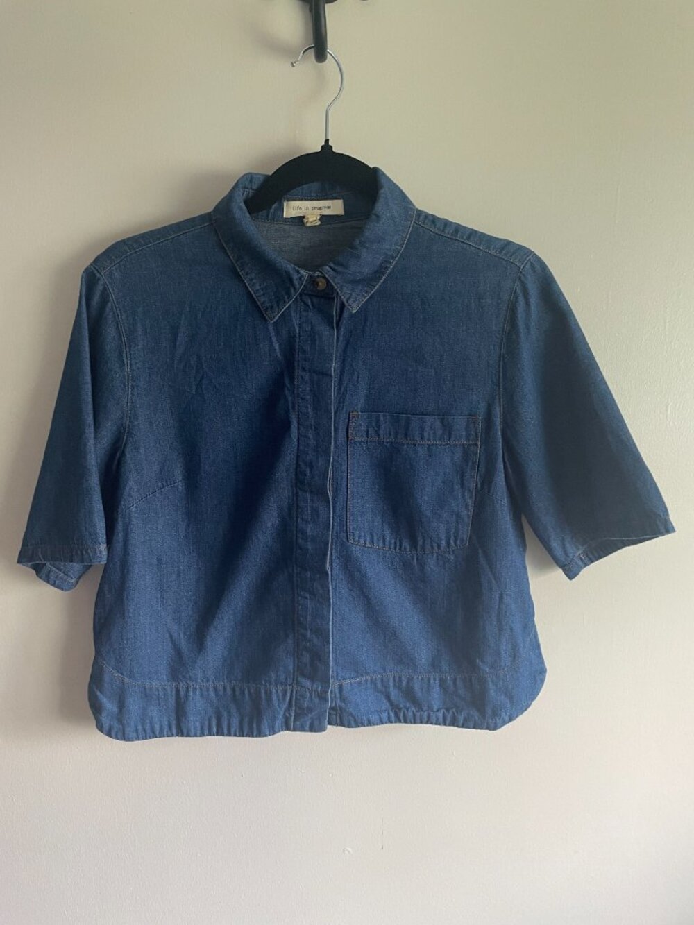 Life in Progress Cropped Denim Button Down Shirt 100% Cotton Size Small